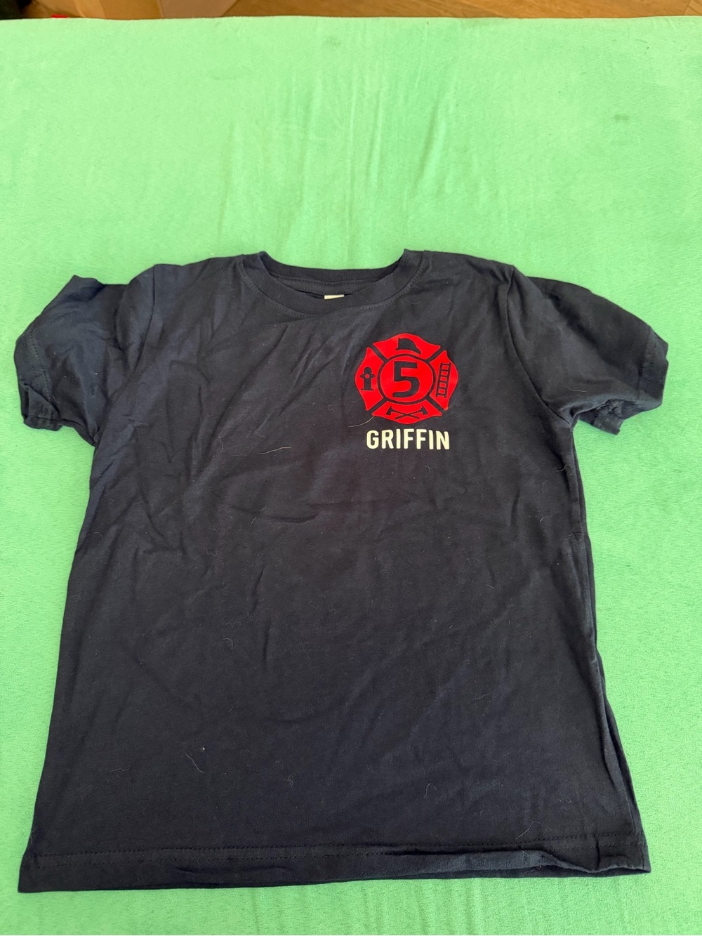 Navy Kids' Firefighter Graphic Tee with Red Fire Emblem and “Griffin” on Front